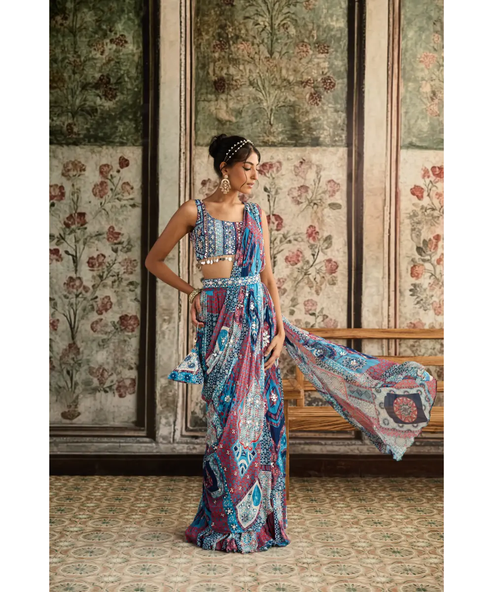 DIYARAJVVIR - Teal Print and Highlighted Square Neck Blouse with Tiered Skirt Saree Set